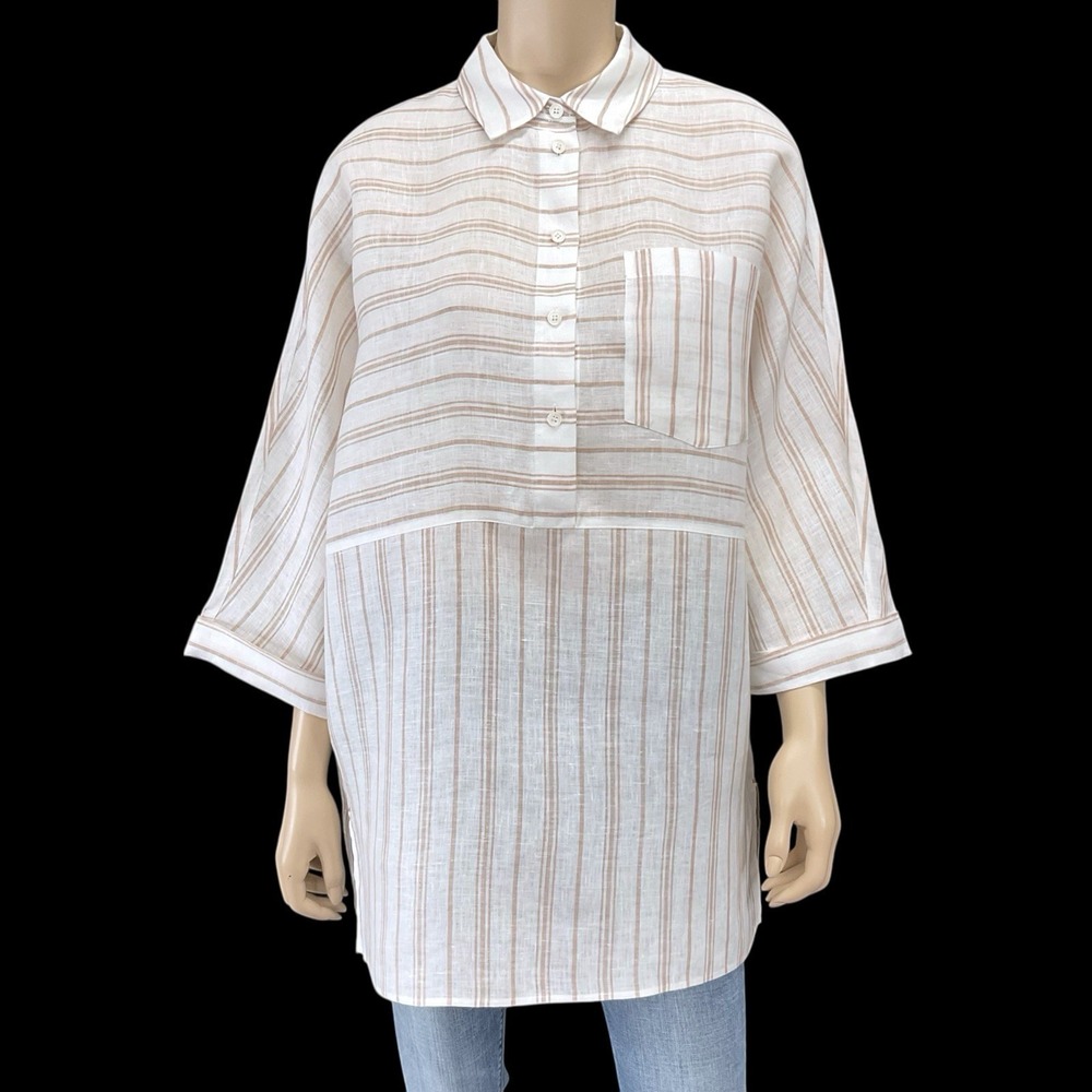 Lafayette 148 Tunic Women Medium White Beige Stripe Button Popover Oversized